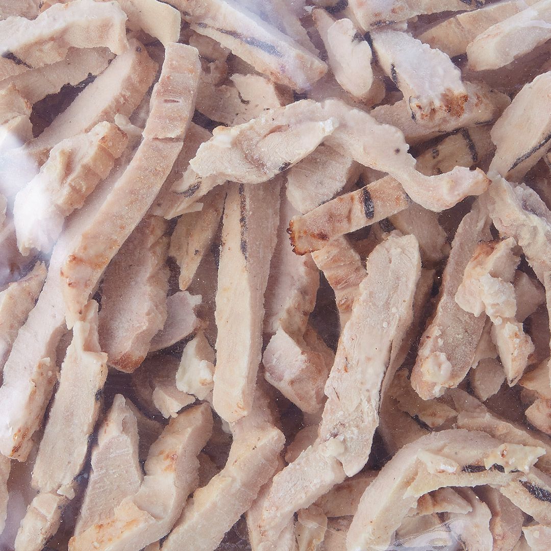 Chicken breast strips, fully cooked, halal (seasoned)